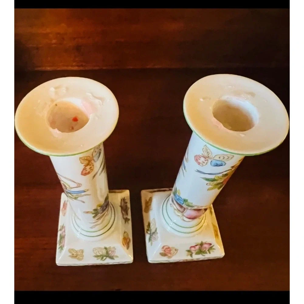 Andrea by Sadek Porcelain Candlesticks Pair Vintage Chinoiserie Bird Floral 7